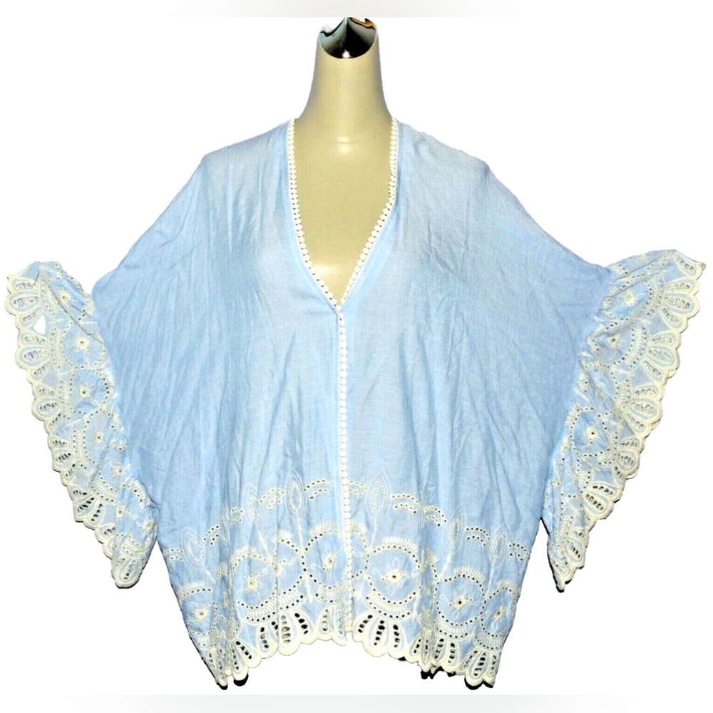 OST APPAREL NEW $160 NWT OVERSIZED S M L BLUE EYELETS EMBROIDERY COVER UP KIMONO